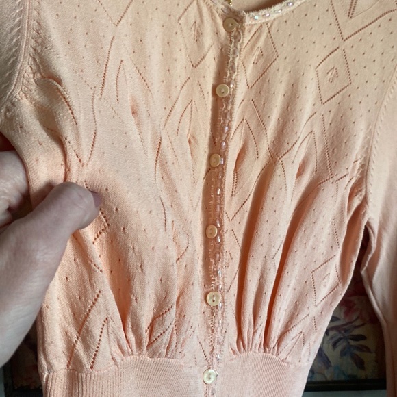ABS STRETCH BODYCON CARDIGAN SWEATER PEACH BODYCON BEADED EMBELLISHED TOP M - Picture 11 of 12